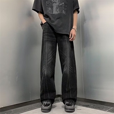 美式高街蓝深灰双色复古嘻哈重工水洗手工擦色直筒牛仔裤N2216P43，男装牛仔裤，星座1116-2