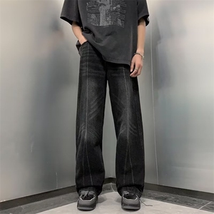 美式高街蓝深灰双色复古嘻哈重工水洗手工擦色直筒牛仔裤N2216P43图片
