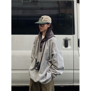 W9584-P48网图现货日系复古小众华夫格连帽卫衣宽松套头上衣,肩不宽男学穿搭图片