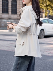 现货！中长款收腰风衣女显瘦2026秋季连帽时尚紫色春秋外套，女装风衣，沐七七