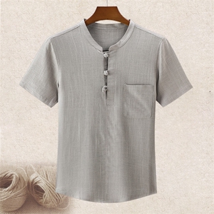 主推夏中老年风唐装亚麻爸爸装透气薄款短袖T恤男士大码图片