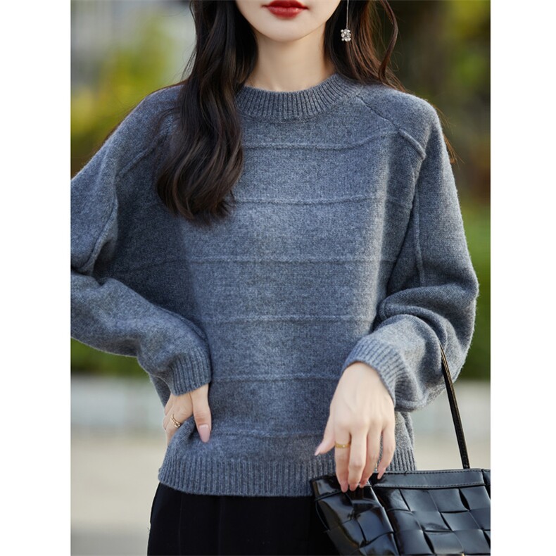 时尚百搭宽松显瘦羊毛衫女秋冬新款圆领长袖针织毛衣外套，女装羊毛衫，邦太羊绒