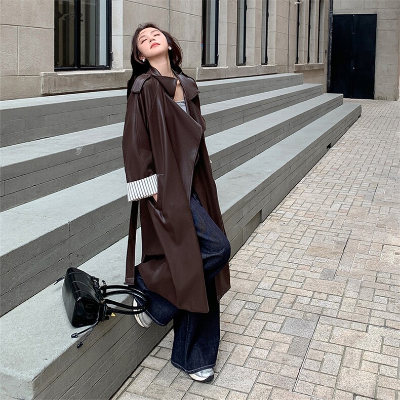 皮衣外套女软皮高级感超火2025秋新款休闲酷飒风中长款风衣皮夹克,女装风衣,2C025