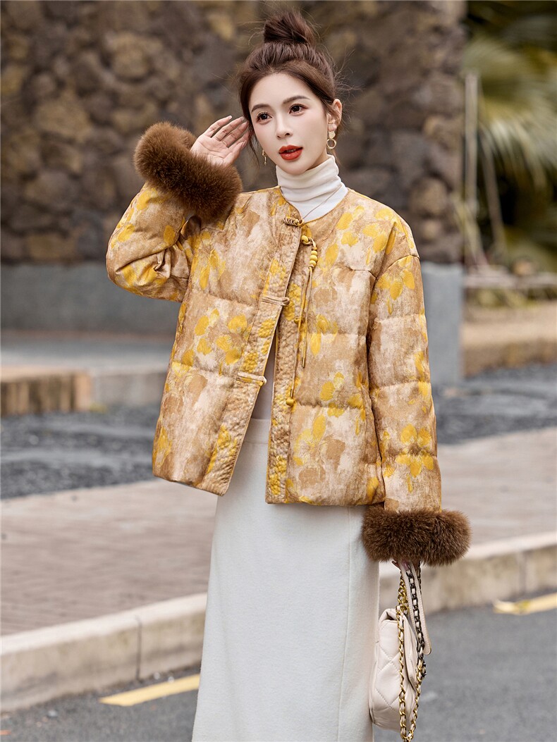 新中式90提花羽绒服2025年冬季新款高级感优雅气质白鸭外套,女装羽绒服,玖莱伊