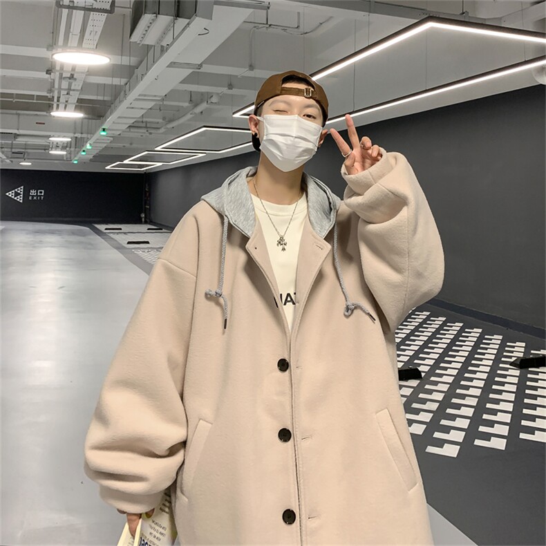 N6108/P95秋冬港风连帽假两件中长款毛呢大衣男大码风衣呢料上衣,男装风衣,电商A141