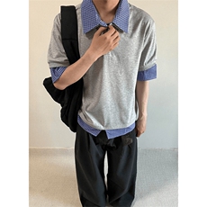 得物抖音高品质二开夏季美式潮牌高街假两件格子衬衣翻领短袖T恤，男装T恤，电商A486