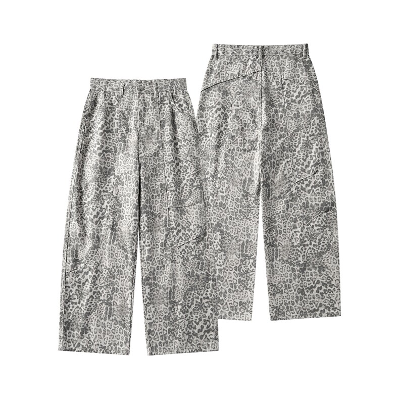 港风秋款男牛仔裤白豹纹弯刀褶皱拼接宽松阔腿长裤NK384P58，男装牛仔裤，星座1013-1