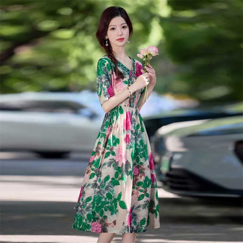 现货！夏季新款2025时尚气质天丝麻料印花抽绳系带修身连衣裙,女装连衣裙,涵墨