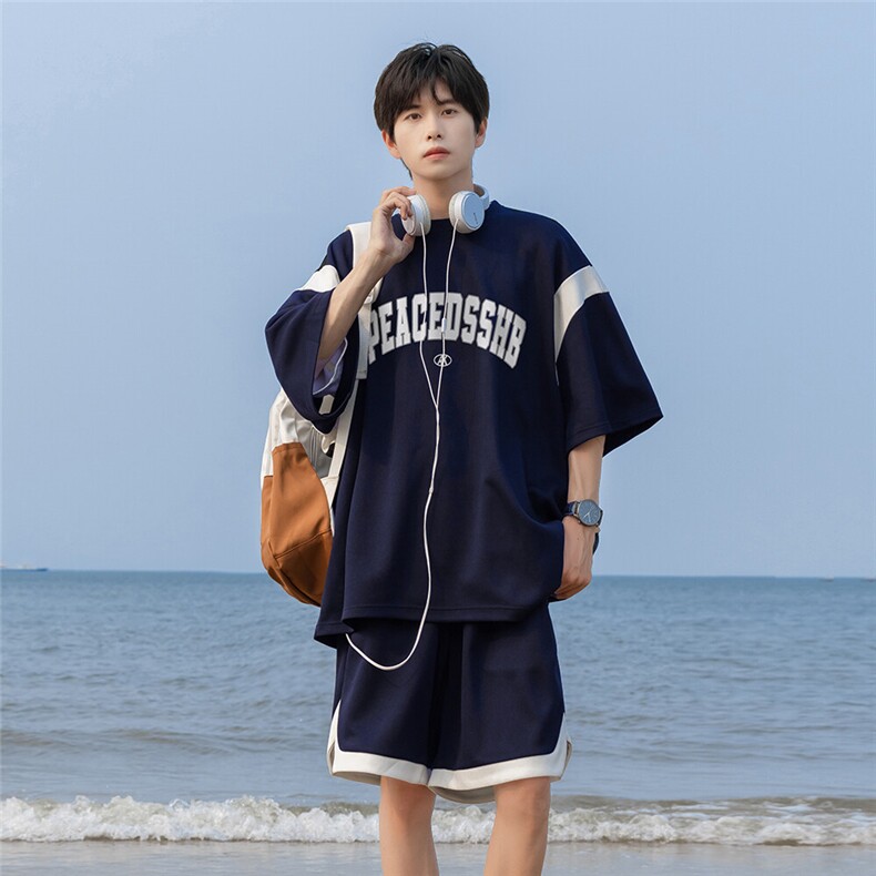 24夏季宽松280g珠地拼色套装情侣短袖短裤TZ1165  P65 控88图片