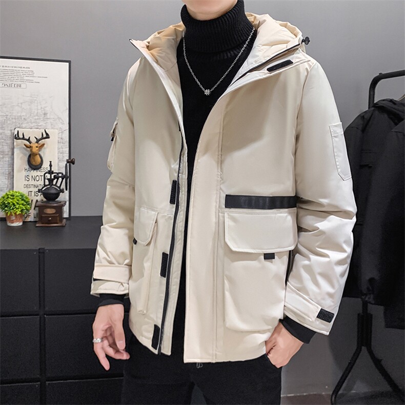 万件现货新款店主风男士修身连帽户外工装白鸭绒羽绒服图片