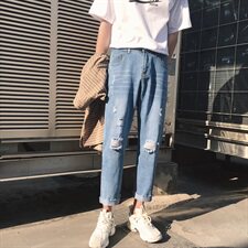 港风夏季破洞牛仔裤男韩版潮流九分裤休闲裤N/，男装牛仔裤，电商D202