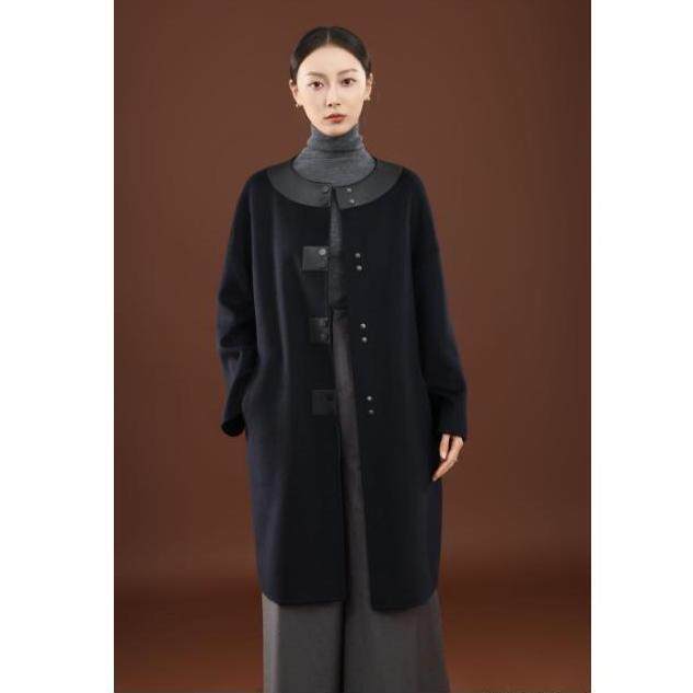 秋冬季纯山羊绒保暖圆领复古多扣高级感长款羊绒大衣，女装羊绒大衣，卓冠羊绒