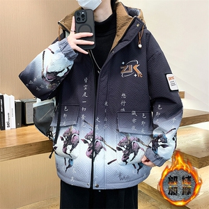 新款男士连帽加绒加厚时尚潮牌夹克宽松外套冬季图片