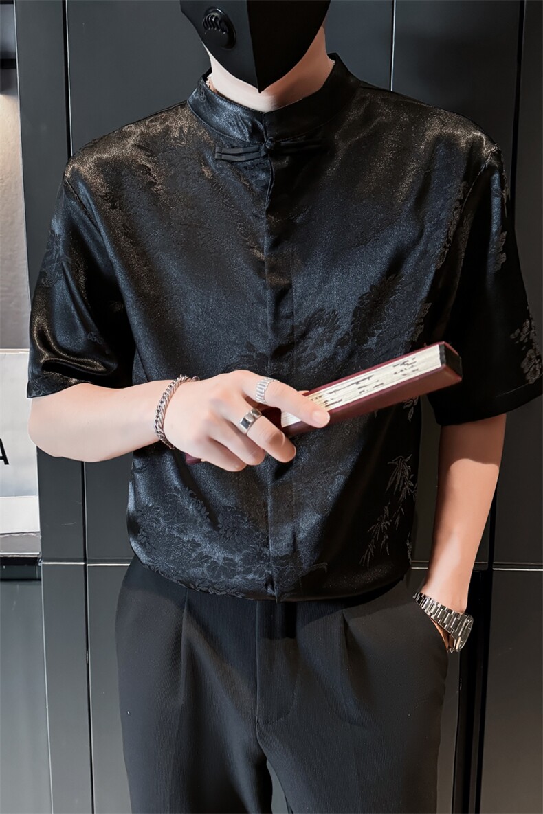 抖音夏季新中式风立领竹叶短袖衬衫男冰丝衬衣A236-0861-P55,男装衬衫,电商A236