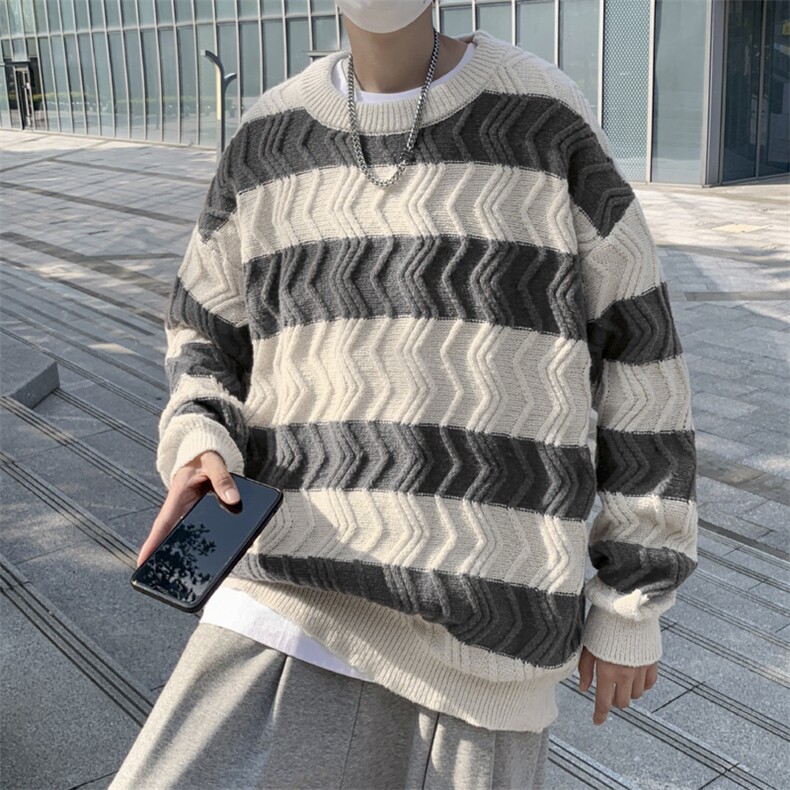 条纹圆领毛衣男春秋冬宽松oversize慵懒风高级感针织衫MY0643-P43图片