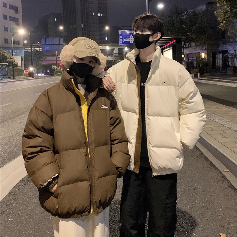 情侣装冬装PU软皮美式撞色棉服logo棉衣休闲外套男女G1102P128,男装棉衣,电商A339
