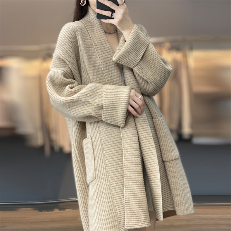 女士秋季新款时尚简约百搭宽松大门襟针织开衫,女装羊毛衫,悦玛羊绒