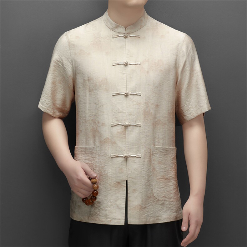 中山装男士短袖衬衫夏季中老年唐装衬衣爸爸装结婚礼服套装P108,男装衬衫,钱塘6003B