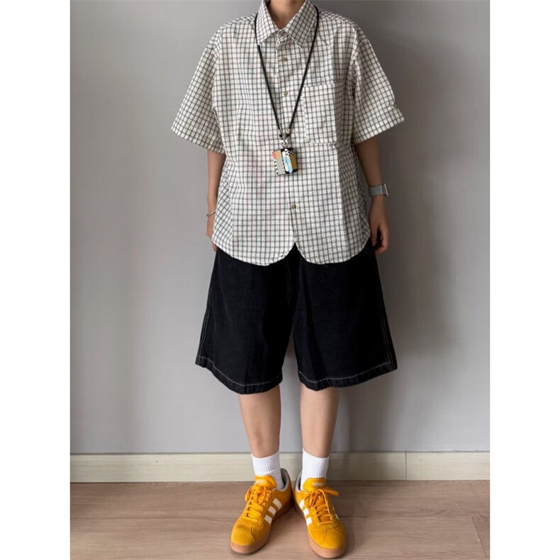 夏季新款日系复古蓝色格子短袖衬衫男女休闲宽松小众设计感衬衣潮,男装T恤,星座506A