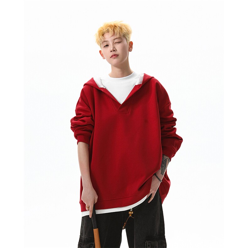 8XL-M叠穿假两件卫衣重磅连帽V领拼接套头衫宽松大码外套WY006P65,男装卫衣,电商B312