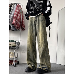 美式高街水洗黄泥染做旧牛仔裤vibe微喇叭xz310a-4-nz29图片