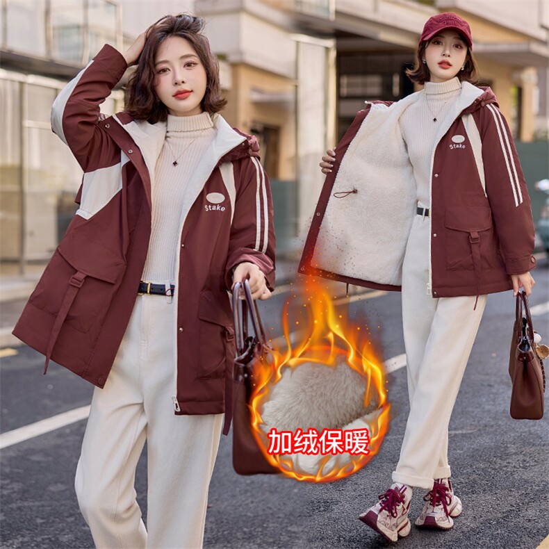 加绒加厚撞色拼接派克棉服女中长款2024冬装新款学生小个子棉衣袄，女装棉衣/棉服，梦懿尔