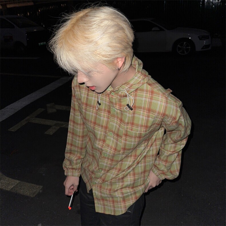 （自家图）美拉德潮慵懒格子开衫连帽衬衫男女2110-P47,男装衬衫,星座910-5
