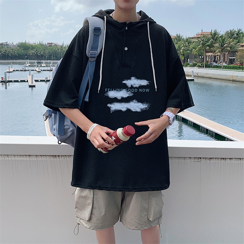 LD54143-P45 连帽短袖t恤男大码胖子带帽五分袖中袖图片