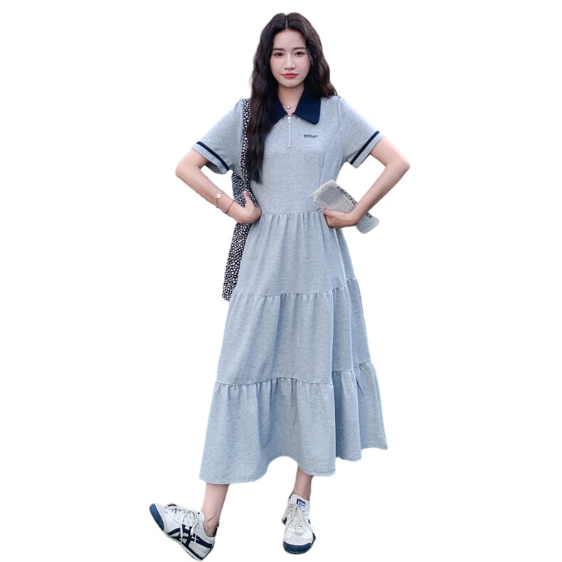 撞色翻领休闲运动灰色POLO连衣裙女夏2025新款简单大方超好看独特,女装连衣裙,2D148