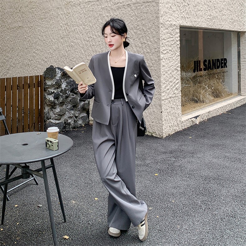 高级感灰色西装套装女2025春季新款干练气质短外套阔腿裤两件套潮,女装套装/套裙,新思路