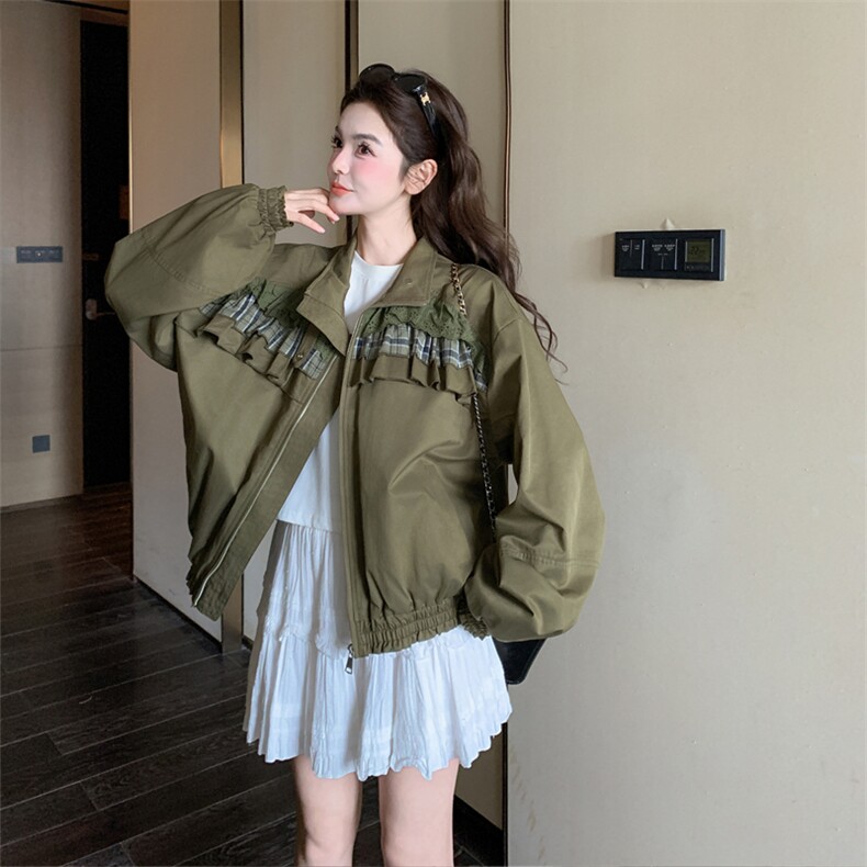 新品蕾丝格纹拼接绿色短外套2C158-6036-P150-K248,女装短外套,2C158