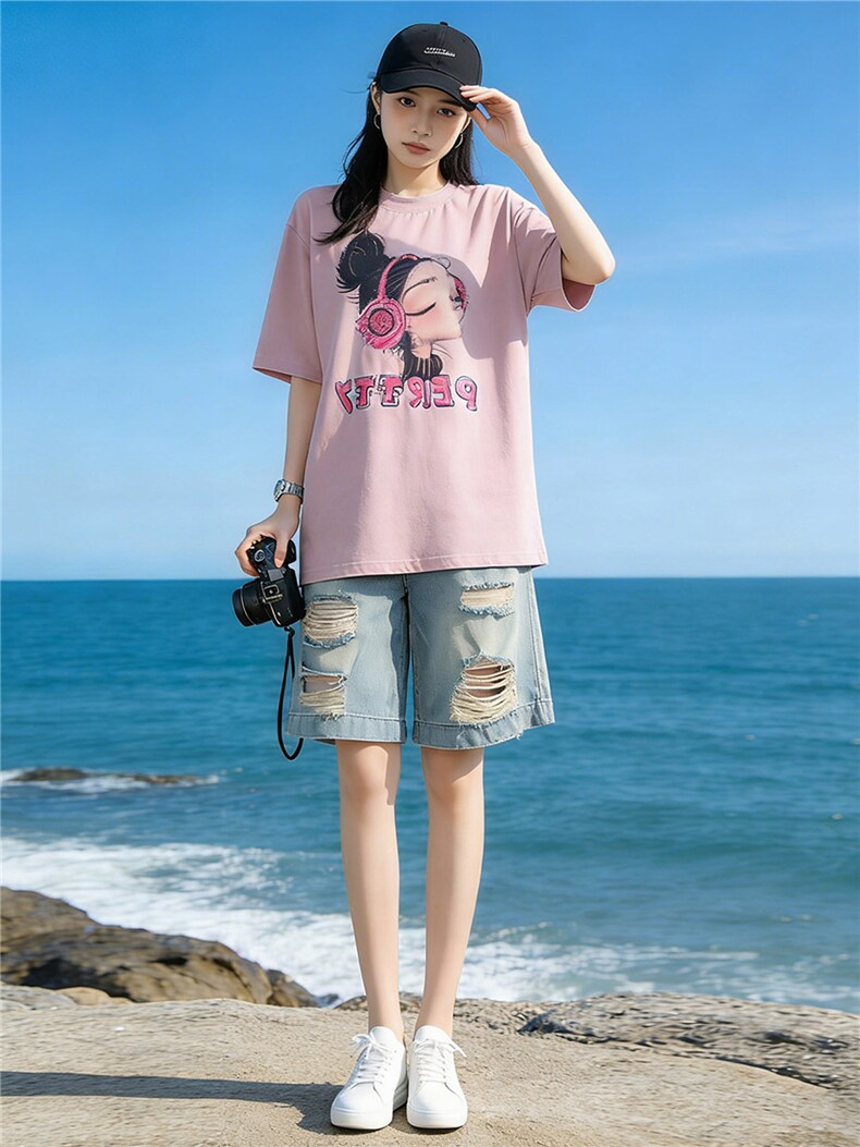 盐系穿搭休闲时尚套装女夏设计感圆领印花短袖破洞牛仔短裤两件套,女装套装/套裙,江南
