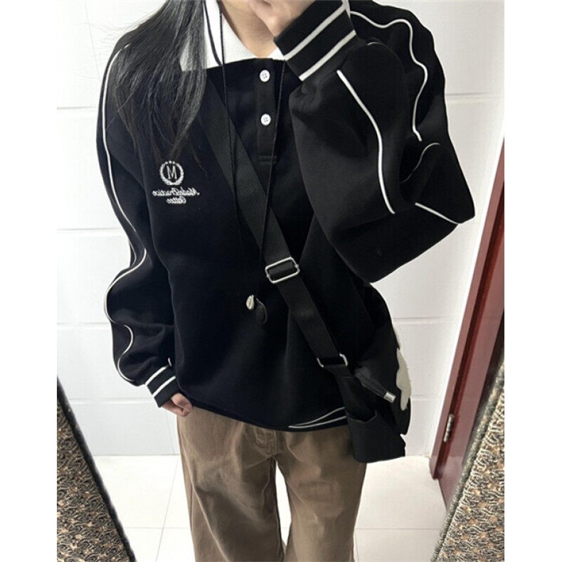 复古运动风翻领卫衣女春季2025新款宽松长袖POLO衫潮WY287,男装卫衣,星座1116A（原606A-3）