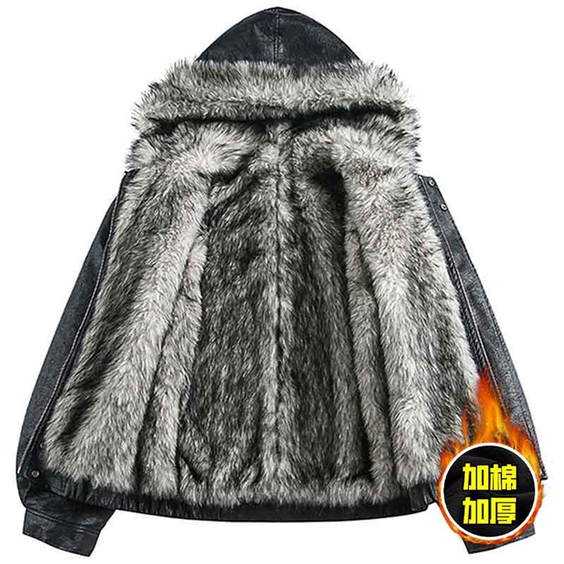 现货冬季美式潮牌痞帅PU皮机车服棉衣毛毛绒狼王座山雕皮棉服,男装棉衣,电商A486-1