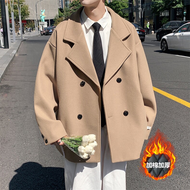 加棉加厚双排扣短款毛呢大衣外套潮504-F07-P85（加棉P95控138），男装毛呢大衣，星座504