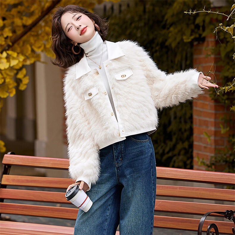 仿狐狸毛环保皮草外套女冬季小香风翻领年轻款气质拼皮风高端上衣，女装皮草，美拉德工厂直营店