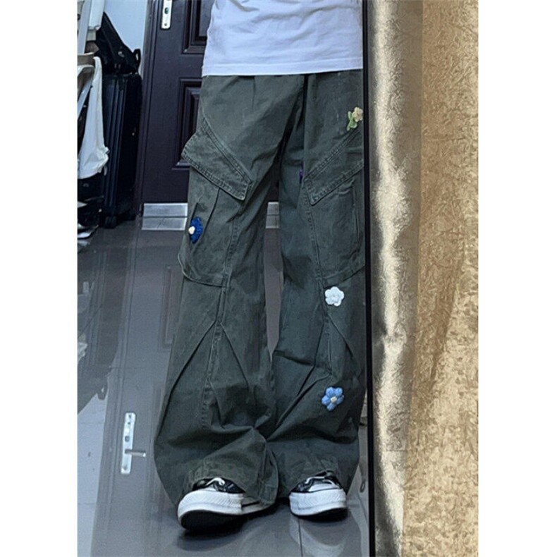 多口袋直筒工装牛仔裤女早春宽松小花刺绣伞兵裤阔腿长裤KN1061,男装休闲裤,星座1116A（原606A-3）