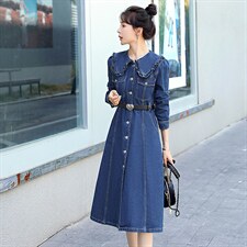 牛仔连衣裙女2022春新款时尚设计感收腰显瘦娃娃领减龄中长款裙子，女装连衣裙，秋水欣儿