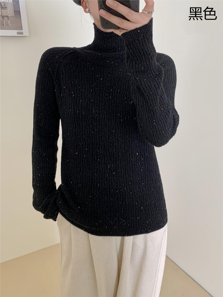 女士立体花纹珠片纱高领打底衫秋冬时尚柔软贴肤,女装羊毛衫,牧思羊