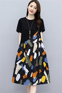 印花拼接棉麻连衣裙女夏季2025新款小个子宽松显瘦遮肚子短袖裙子图片