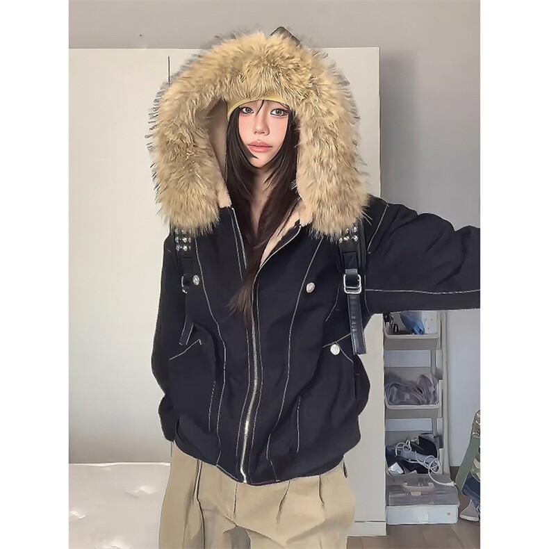 现货重磅boxy短款棉衣座山雕大毛毛领男女棉服水洗工装厚外套图片