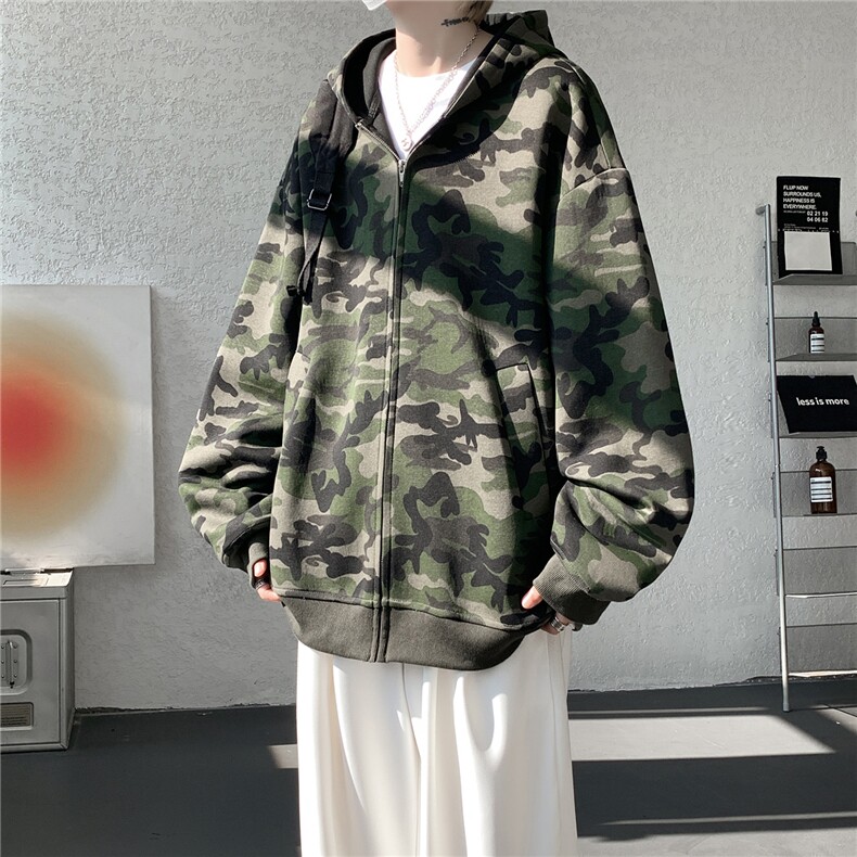 美式重磅拉链连帽开衫卫衣男春秋宽松百搭拼色迷彩外套KS009P65,女装短外套,电商B312