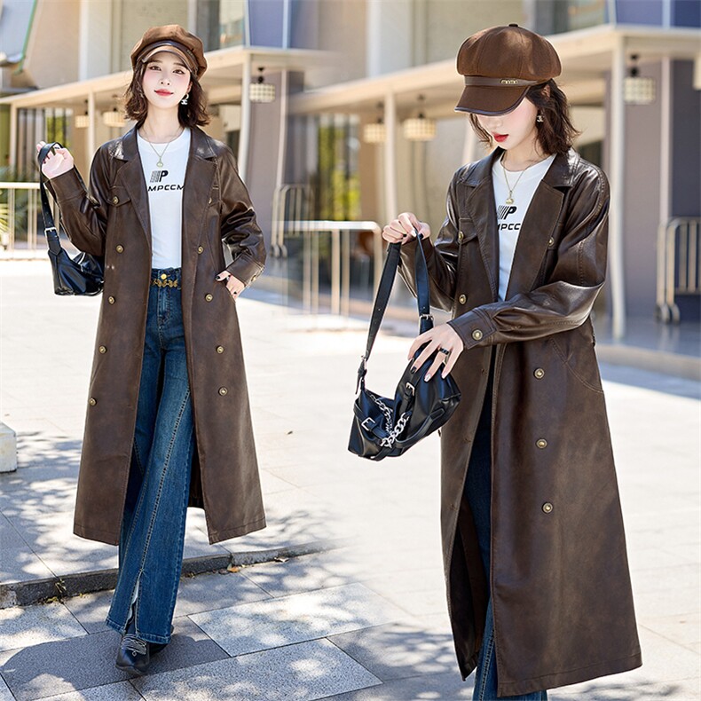 现货大女主媲美仿真皮韩版质感咖色皮风衣翻领中长款外套皮夹克，女装皮衣，跑量工厂店