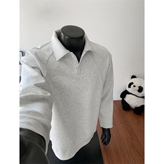 抖音得物高品质美式高街重磅曼巴棉结构螺纹拼接翻领卫衣长袖T恤，男装T恤，电商A486-1