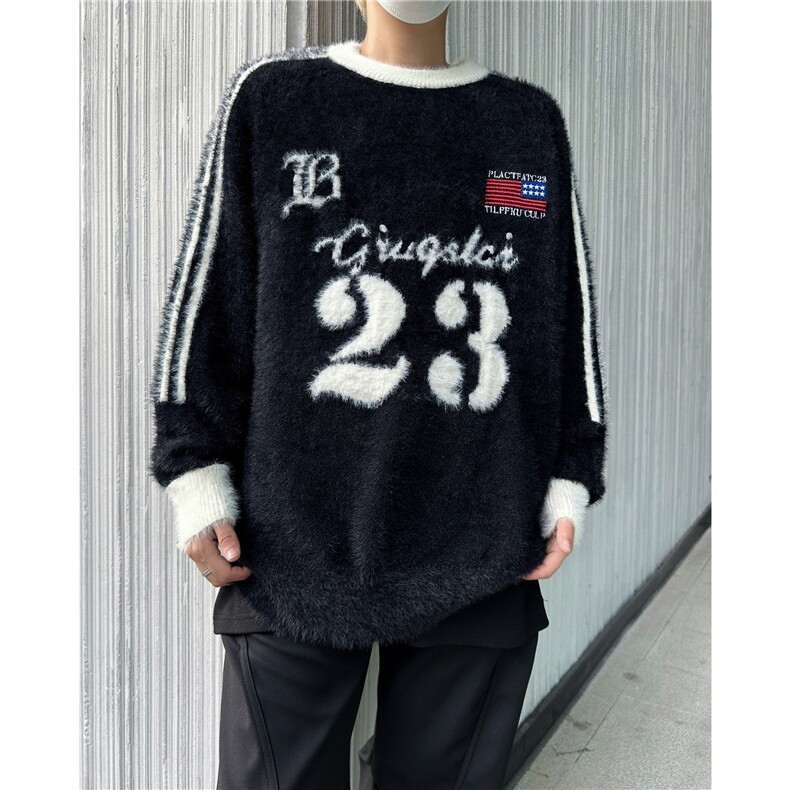 美式字母提花马海毛圆领毛衣男女慵懒宽松情侣针织衫街头ins外套，男装针织衫/毛衣，星座310B-2