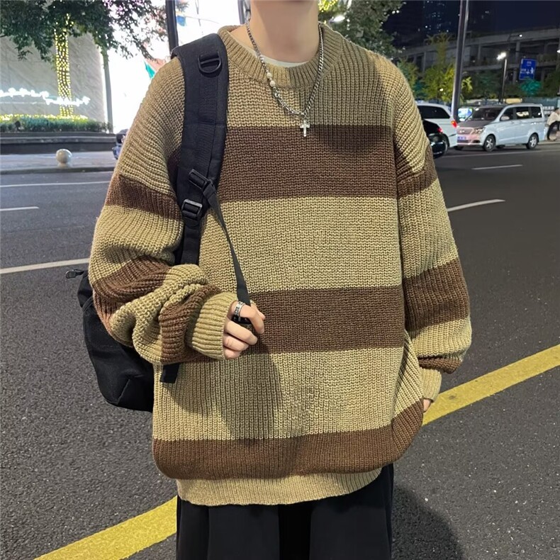 条纹圆领毛衣男宽松潮流新款潮牌秋冬季加厚男装针织衫A6007/P45,男装针织衫/毛衣,星座506