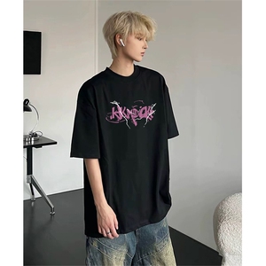 抖音得物供货210克现货宽松纯棉美式潮牌印花落肩袖纯棉T恤AT2114图片