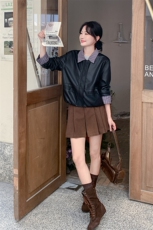 黑色假两件皮衣外套女2025年秋季新款韩系设计感休闲短款pu皮夹克，女装套装/套裙，2D148
