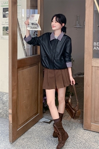 黑色假两件皮衣外套女2025年秋季新款韩系设计感休闲短款pu皮夹克图片
