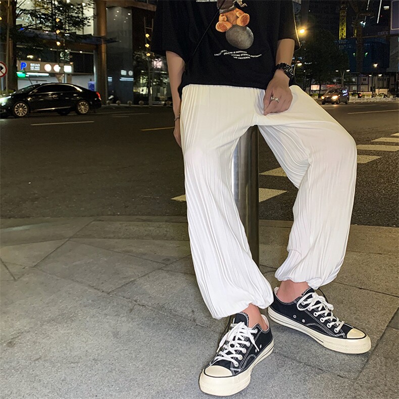 港风夏男休闲百褶裤冰丝抽绳系带九分裤h90P35,男装休闲裤,星座1013-1